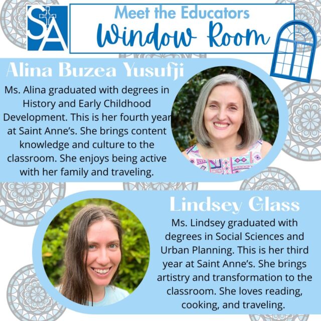 Meet the Educators of the Window Room! 

Ms. Alina brings experience across many levels of education, giving her a strong understanding of what children can be exposed to now to help prepare them for where they’re headed next. She creates meaningful learning experiences through a variety of hands-on approaches and loose parts that spark curiosity, exploration, and creativity. Ms. Alina also shares her knowledge of different cultures and celebrations, giving children opportunities to learn about and appreciate the world around them. 

Ms. Lindsey previously worked in the studio and brings a rich background in the arts to the classroom, offering experiences like clay, multi-layered art pieces, and long-term creative projects. She truly embraces learning alongside the children, approaching each day with curiosity and creativity. Ms. Lindsey is always thoughtfully evolving the content, presentation, and ways children interact with the activities she offers, inspiring exploration, imagination, and artistic expression.

Together, Ms. Alina and Ms. Lindsey make the Window Room an exciting place to learn and grow! 🪟☀️