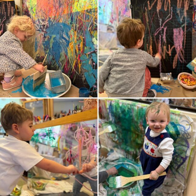 In both the studio and classroom environments, our Garden and Butterfly toddlers have been exploring color and texture through a variety of materials and surfaces. From creamy crayons, tempera powder, pastels, and multiple-sized paintbrushes to textured paper, canvas, transparent paper, projectors, pipe cleaners, and pegboards, each invitation encouraged curiosity and a sensory experience. 

As they worked, children were introduced to rich descriptive vocabulary like smooth, rough, and bumpy, allowing them to connect with and grow their language. Large collaborative pieces were intentionally placed to encourage movement across the body, supporting the crossing of the midline while children painted, reached, and created together. These experiences naturally blended fine motor skills with big body movements, providing our toddlers with the opportunity to develop their precision and strength. 

We love to see the pure joy that comes from the freedom to create!