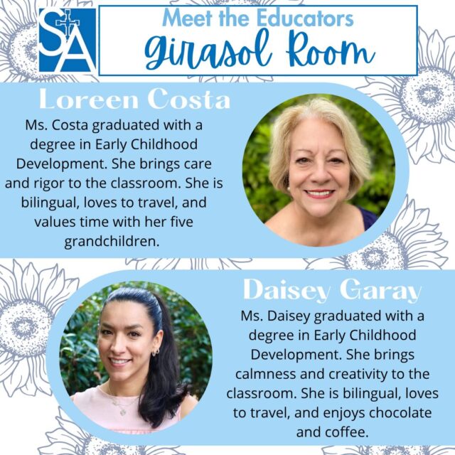 Meet the educators of the Girasol Room - our multi-age Spanish immersion class! 🌻

Ms. Costa cares deeply about each child in her classroom, which is evident through her conversations and knowledge of each individual child. Her background and experience in early childhood learning allow her to recognize children’s potential and offer rigorous, appropriately challenging materials that support their growth.

Ms. Daisey creates a calm and welcoming environment for all children through both her demeanor and the classroom environment she has developed. She brings creativity to children’s offerings, giving them meaningful opportunities to explore the natural world, experience different cultures, and expand their cognitive development. 

Together, they create a nurturing environment where children are supported, challenged, and inspired to grow.