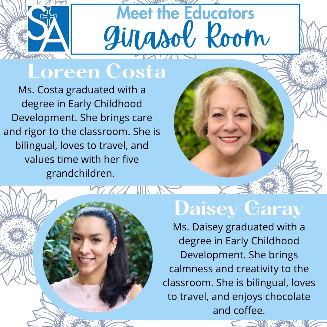 Meet the educators of the Girasol Room - our multi-age Spanish immersion class! 🌻

Ms. Costa cares deeply about each child in her classroom, which is evident through her conversations and knowledge of each individual child. Her background and experience in early childhood learning allow her to recognize children’s potential and offer rigorous, appropriately challenging materials that support their growth.

Ms. Daisey creates a calm and welcoming environment for all children through both her demeanor and the classroom environment she has developed. She brings creativity to children’s offerings, giving them meaningful opportunities to explore the natural world, experience different cultures, and expand their cognitive development. 

Together, they create a nurturing environment where children are supported, challenged, and inspired to grow.