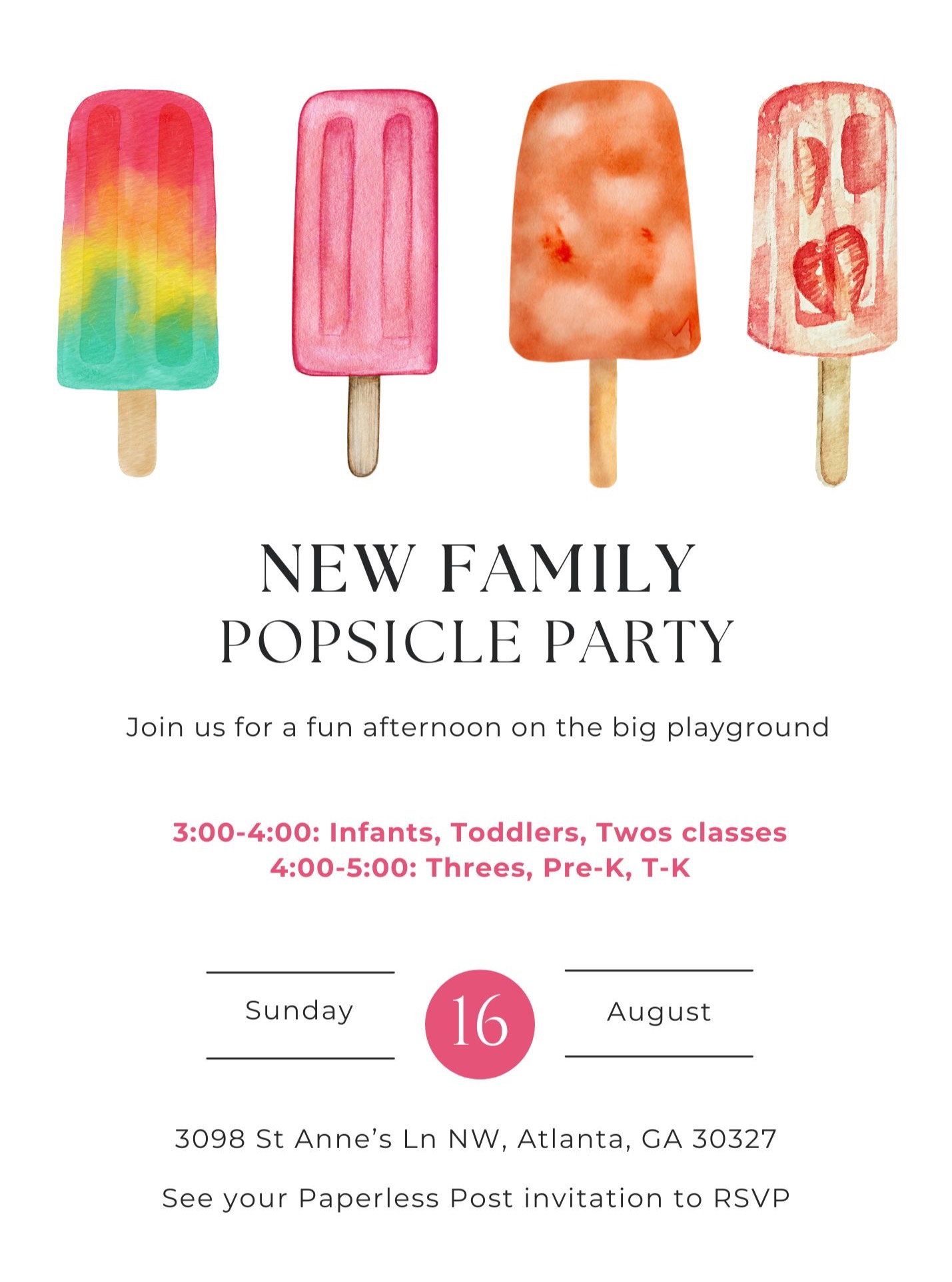 Calling all new students and families! Come join us Sunday, August 16 for a POPsicle Party. Meet on the big playground. 3:00 -- Toddlers, Twos, 4:00 -- Threes and older. We look forward to welcoming you!