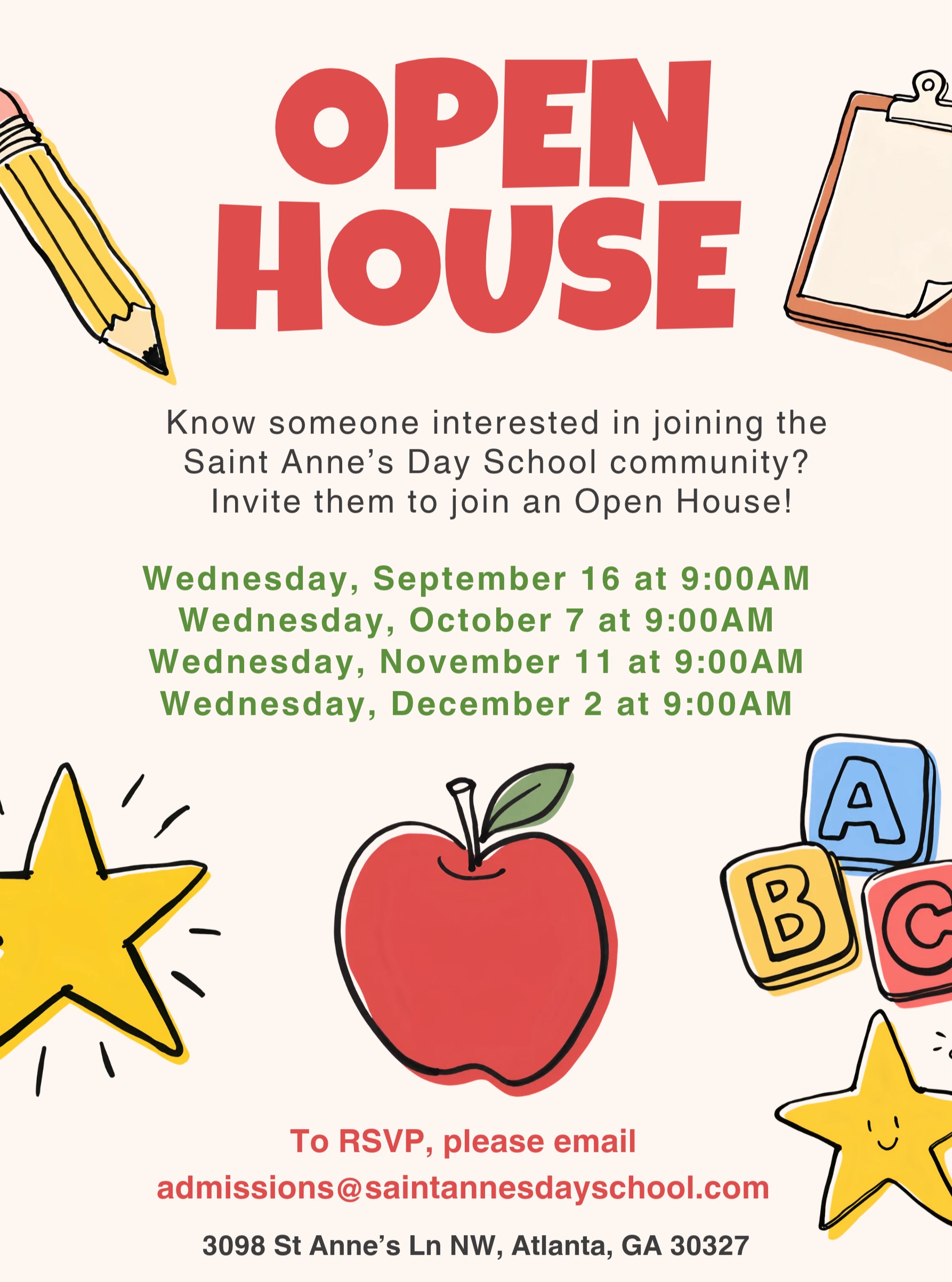 Know someone interested in joining the Saint Anne's Day School community? Invite them to join an Open House, or send them this post. To RSVP, email admissions@saintannesdayschool.com. We look forward to meeting with prospective families!