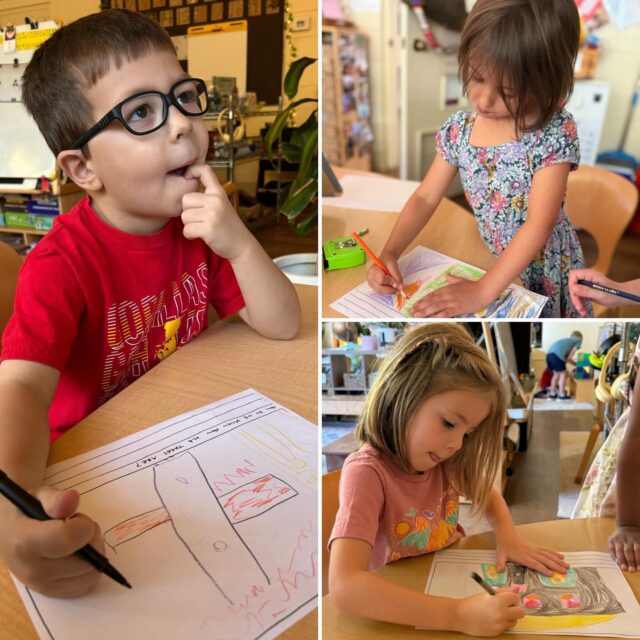 Thinking About Thinking
The Bridge Room’s thread began with a child’s question: What is the Earth made of, and how is it so strong? As the children shared their ideas, more questions emerged, leading to the prompt: What do you wonder?
Their wonder statements became a first step toward asking complex questions: How sharp are a lion’s teeth? How do we know how old trees are? Are princesses real? Families were invited into the thread, too, sharing a wonder for the children to consider.
Next, the children moved into brainstorming. While investigating why fireflies glow, they developed a shared understanding of a “group think” - when we have a thought and say it out loud. Together, they used “The First Big Book of Why” to research for answers.
In small groups, children brainstormed around their own wonders and used storytelling cards to spark new ideas. They arranged the cards, searched for clues in the pictures, and created stories that made sense to them.
The thread continued to expand when one child drew a map of their brain, inspiring the educators to invite each child to do the same. They considered how their brain looks, thinks, and makes meaning.
Through this thread, the children explored how thinking can be made visible, shared, questioned, and expanded. Their questions became pathways for deeper understanding, and reminded us that learning begins simply by wondering.