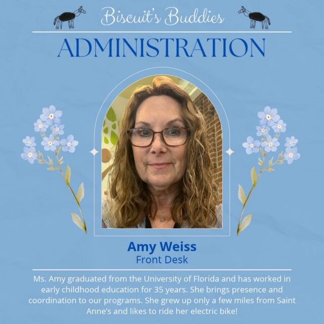 Welcome back to Biscuit’s Buddies, where we’re spotlighting Day School educators and staff, continuing with members of our administrative team!
Ms. Amy welcomes everyone each day: our children, families, and visitors. As our Front Desk Administrator, she helps maintain a positive and safe environment in the front lobby while staying aware of where children and classes are throughout the day and during After Care programming. She keeps forms, records, and communications organized and running smoothly, supporting the daily logistics of the Day School. Her welcoming presence and care help create a warm and organized experience for everyone who walks through our doors.
We’re grateful for the care and dedication Ms. Amy brings to The Day School community!